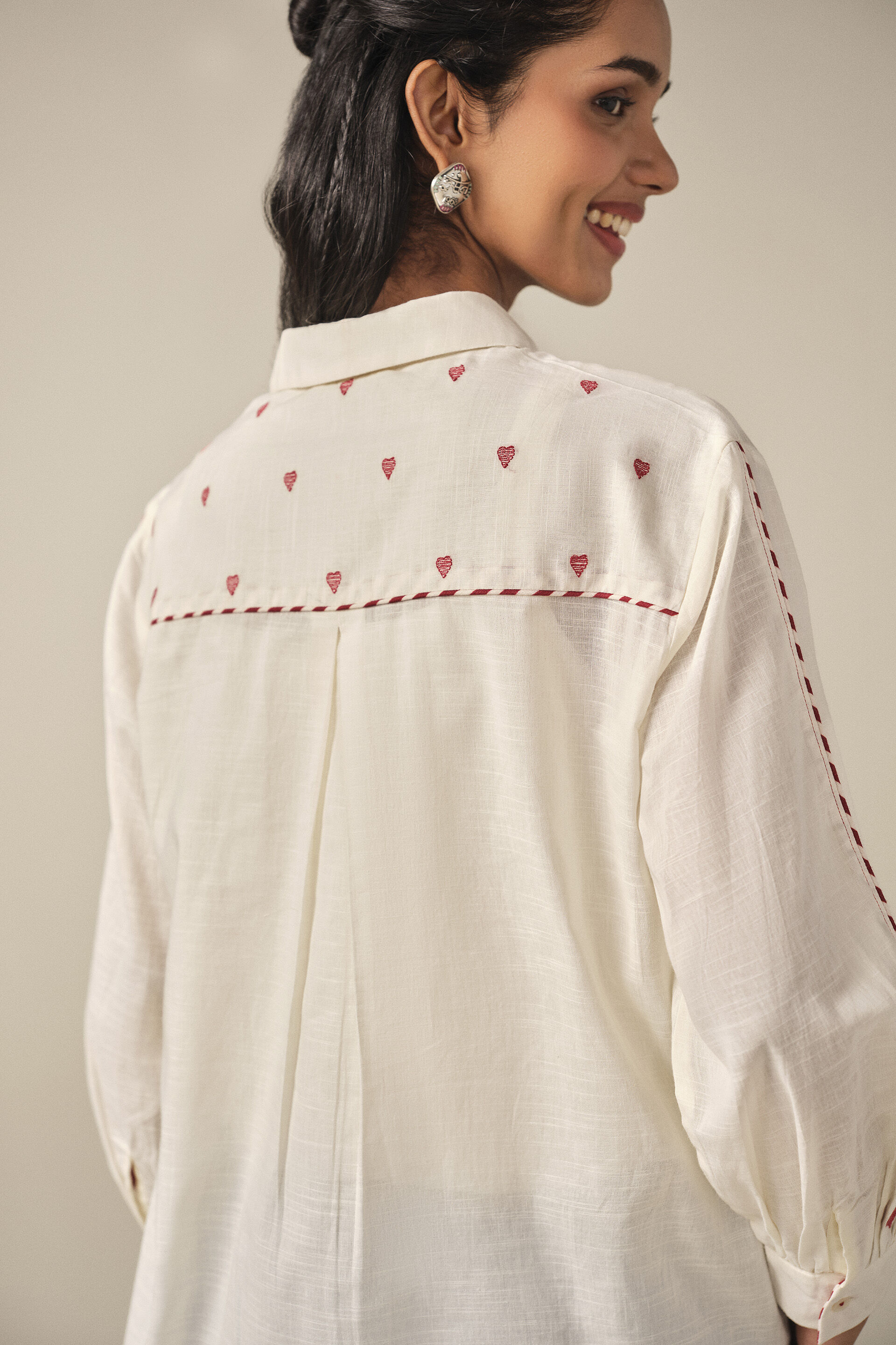 Embroidered Playing Card Cotton Shirt in Off White, Off White, image 6